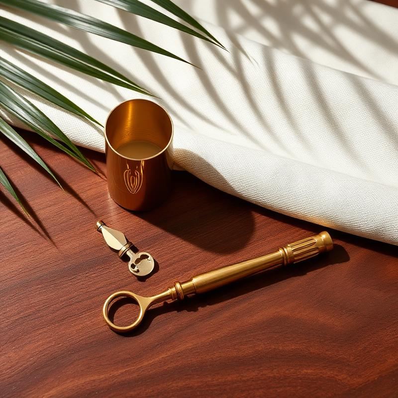 Accessoires de bougie en laiton doré Henriette présentés sur un plateau en bois, Ciseau coupe-mèche