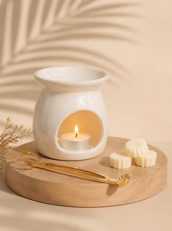 Accessoires Henriette : brûle-parfum en céramique nacrée, ciseau coupe-mèche doré et fondants parfumés