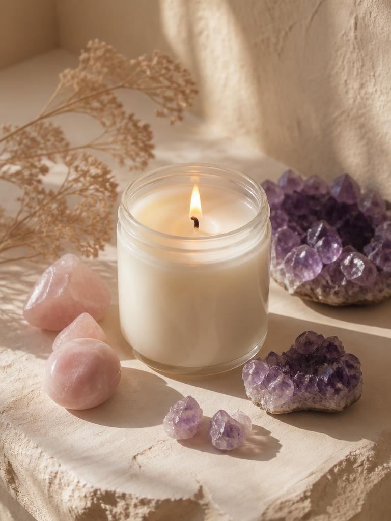 Bougies lithothérapie avec pierres naturelles Henriette, faites à la main en Provence pour un moment de bien-être