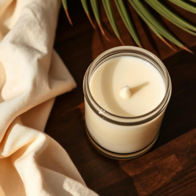 Détail de la cire végétale crème et de la mèche en coton d'une bougie artisanale Henriette, Bougie Calisson