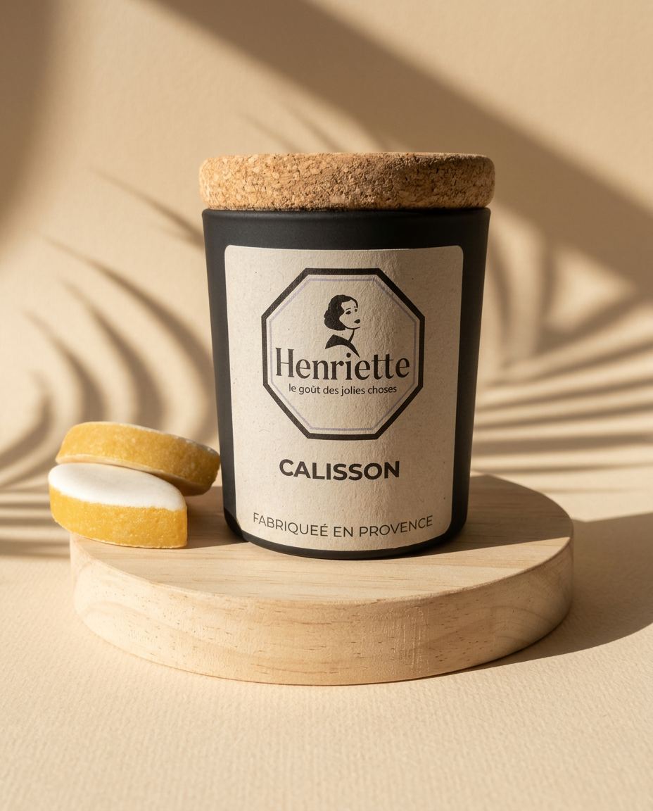 Bougie Calisson, bougie parfumée artisanale en cire végétale Henriette, fabriquée à la main en Provence : Calisson. Un parfum qui raconte la Provence.