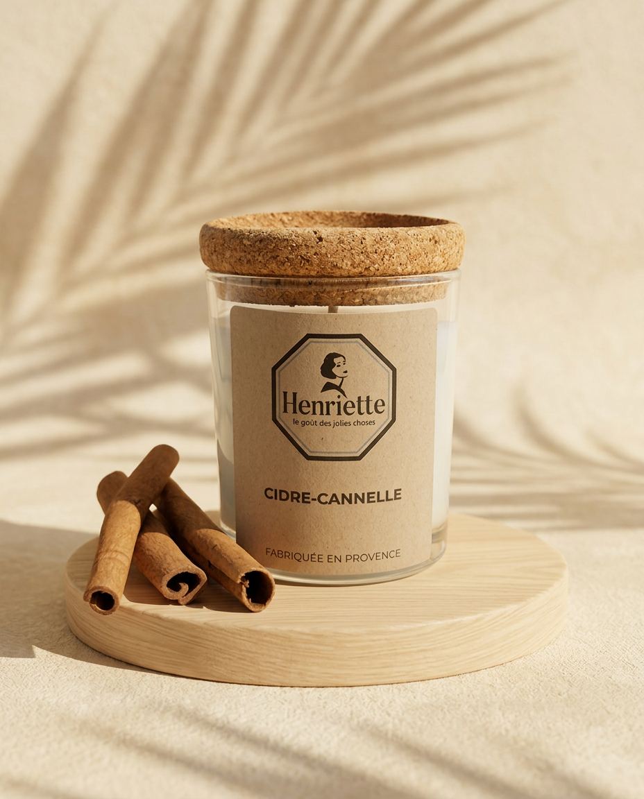 Candle - Cider & Cinnamon, bougie parfumée artisanale en cire végétale Henriette, fabriquée à la main en Provence : Une fragrance chaleureuse et enveloppante, qui capture l’esprit réconfortant d’une boisson d’hiver épicée.