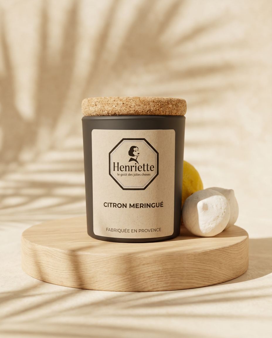 Lemon Meringue Candle, bougie parfumée artisanale en cire végétale Henriette, fabriquée à la main en Provence : Un délice fruité qui réveille vos sens