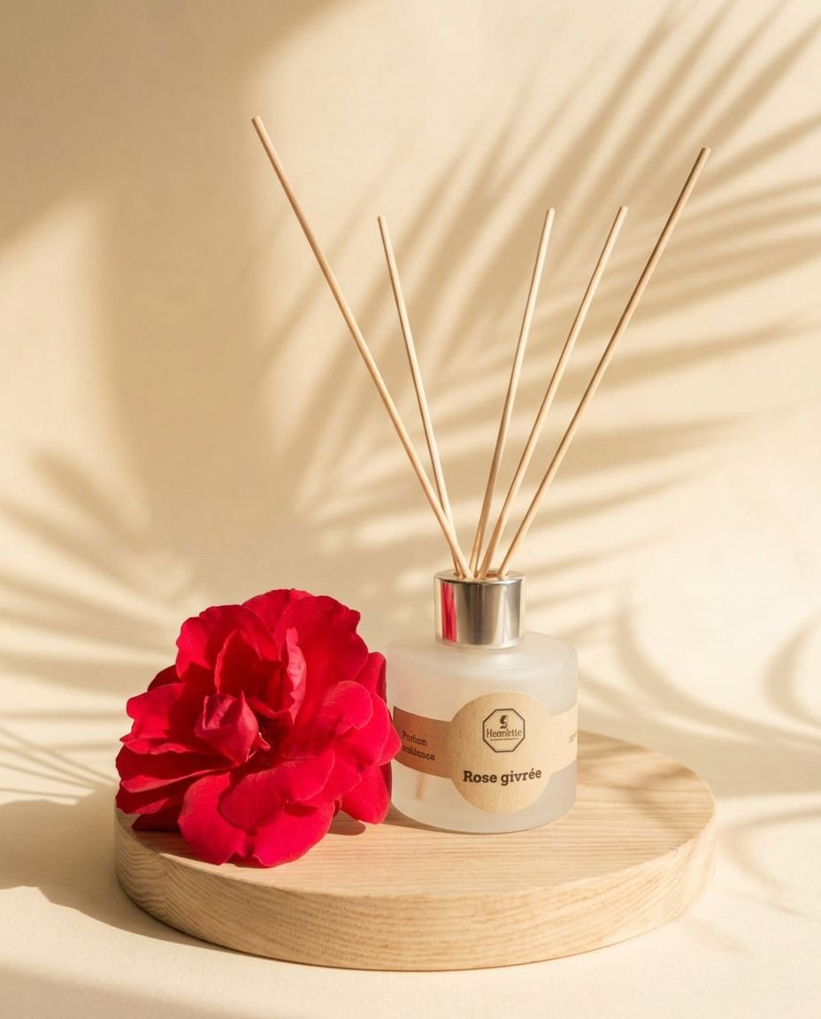 Frosted Rose Diffuser 100ml, diffuseur à bâtonnets parfumé Henriette, fabriquée à la main en Provence : HENRIETTE présente : Diffuseur à bâtonnets, Rose Givrée