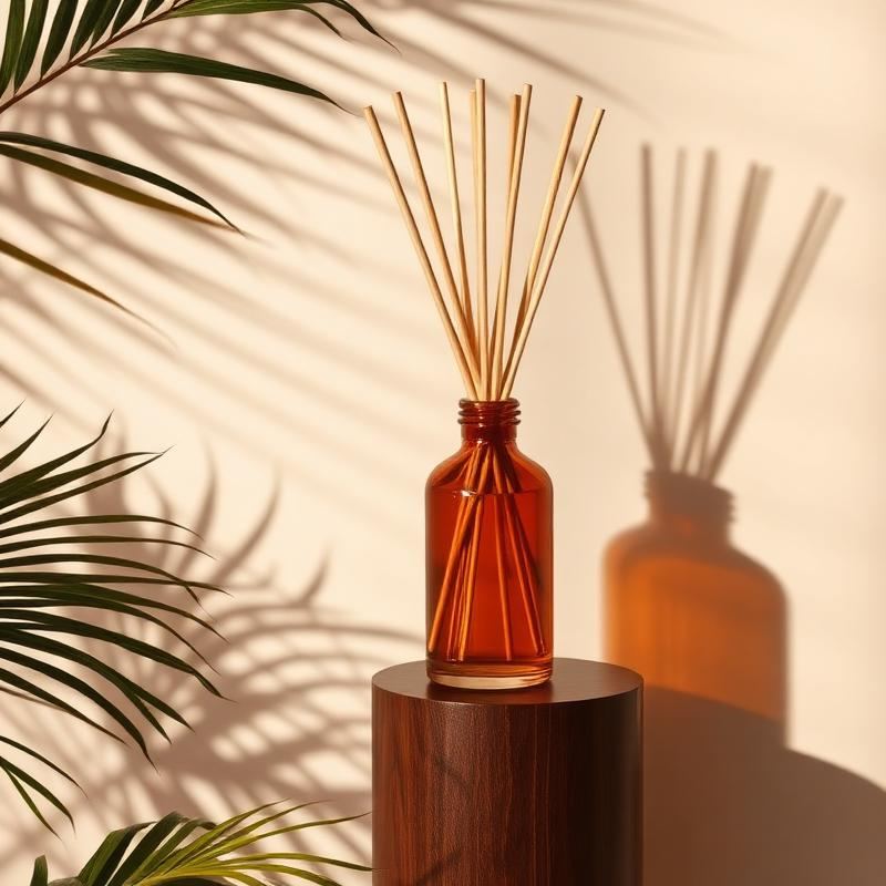 Diffuseur de parfum d'intérieur Henriette à bâtonnets de rotin posé sur un socle en bois, Diffuseur Thé & Jasmin 200ml