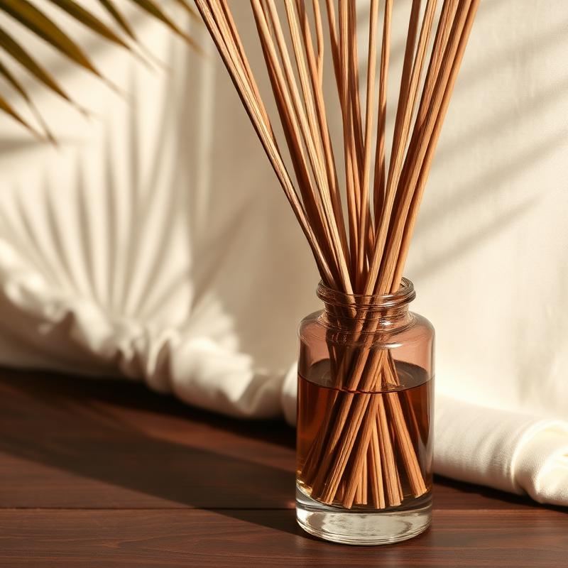 Détail des tiges en rotin naturel d'un diffuseur de parfum d'intérieur Henriette, Diffuseur Thé & Jasmin 200ml