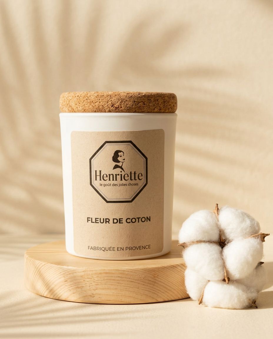 Bougie Fleur de Coton, bougie parfumée artisanale en cire végétale Henriette, fabriquée à la main en Provence : Fleur de Coton ✨ Une senteur douce comme une caresse, parfaite pour les moments de détente.