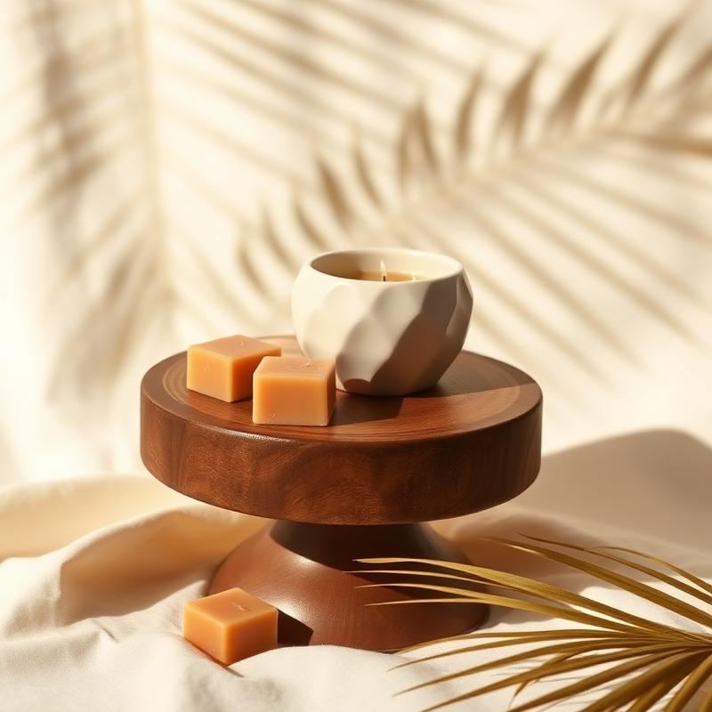 Un fondant dans un brûle-parfum parfume une pièce sans flamme nue. Fondants parfumés et brûle-parfum en céramique Henriette posés sur un socle en bois, Fondant parfumé Fleur d'oranger