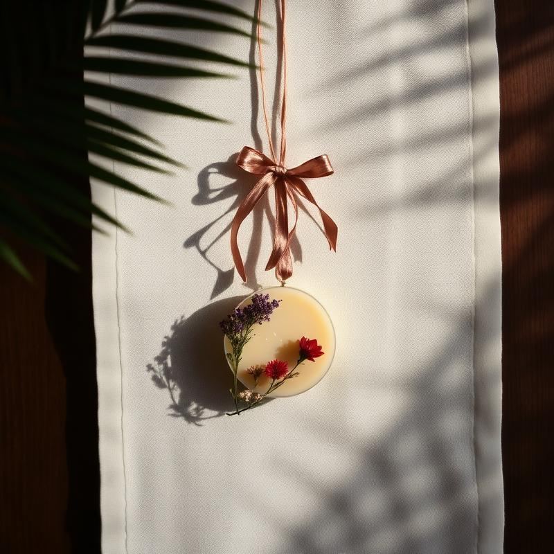 À suspendre dans une armoire, la voiture ou une petite pièce. Suspension parfumée artisanale aux fleurs séchées nouée d'un ruban, création Henriette, Fondant parfumé Fleur d'oranger