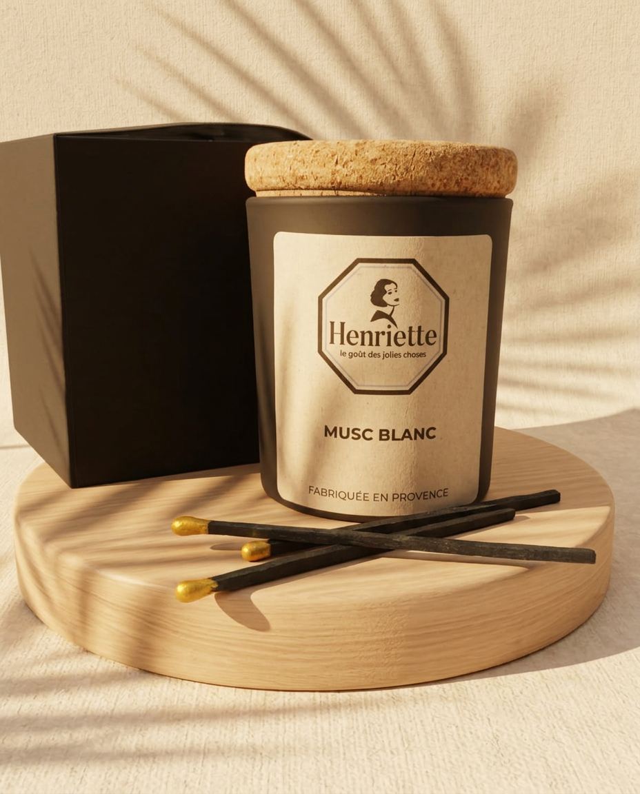Bougie Musc Blanc, bougie parfumée artisanale en cire végétale Henriette, fabriquée à la main en Provence : Bougie parfumée Musc Blanc, La signature de l’élégance